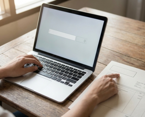 Hände tippen am Laptop neben einer Gehaltsabrechnung mit Brutto- und Nettobetrag